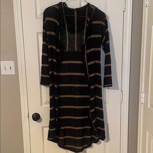 Stylish Striped Black and Tan Long Cardigan Duster